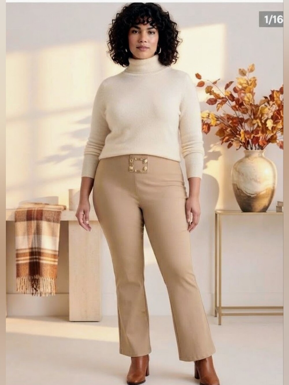 ELLA RAFAELLA Taupe Flare Pants High Rise Gold Crest Buttons Size 16W / EG , NWT